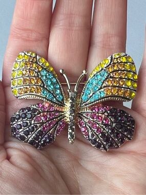 Vintage Signed NAPIER Butterfly Brooch Multi-Color Pavé Rhinestone Gold Tone 90s